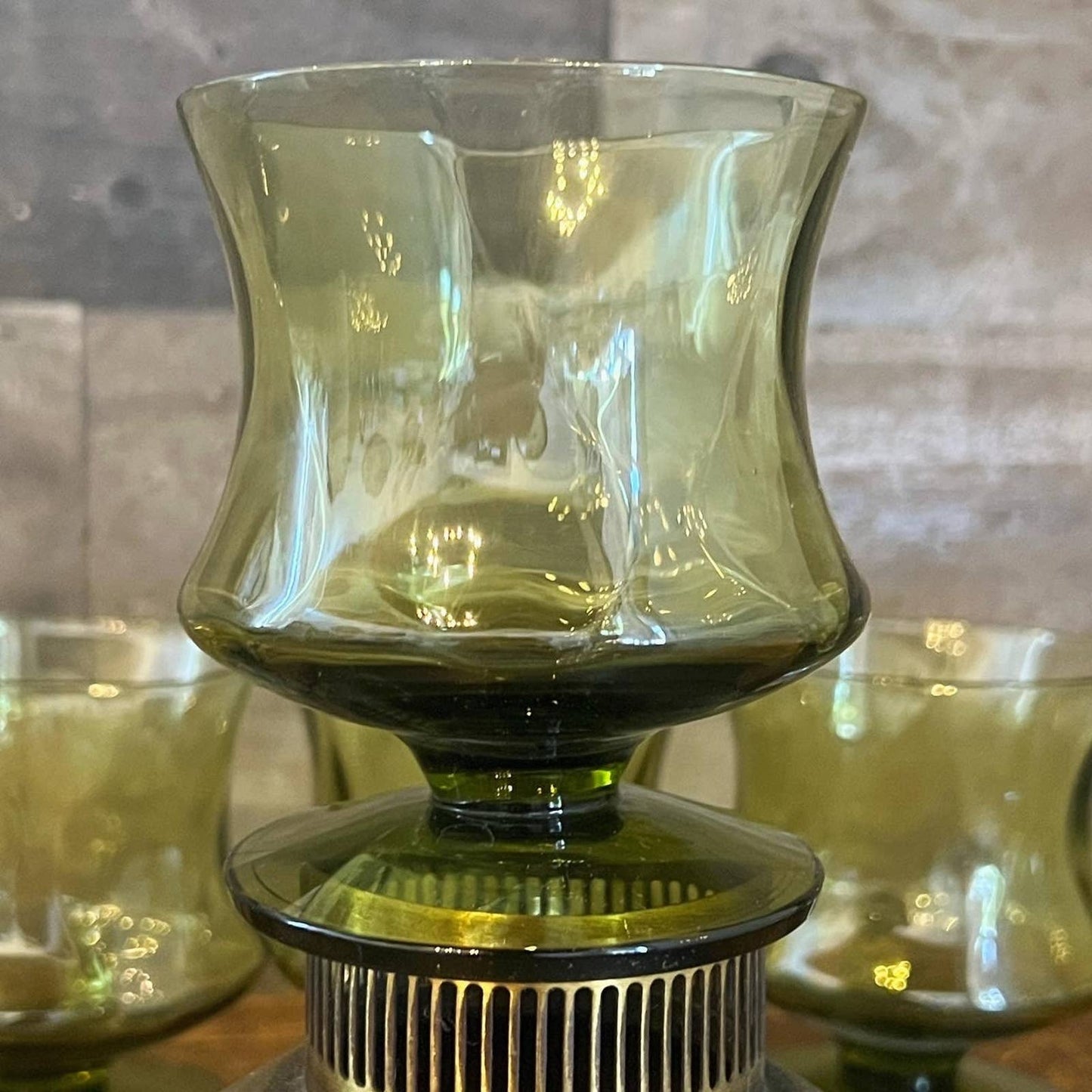 Vintage set of 8 Seneca green glass short stem coupes