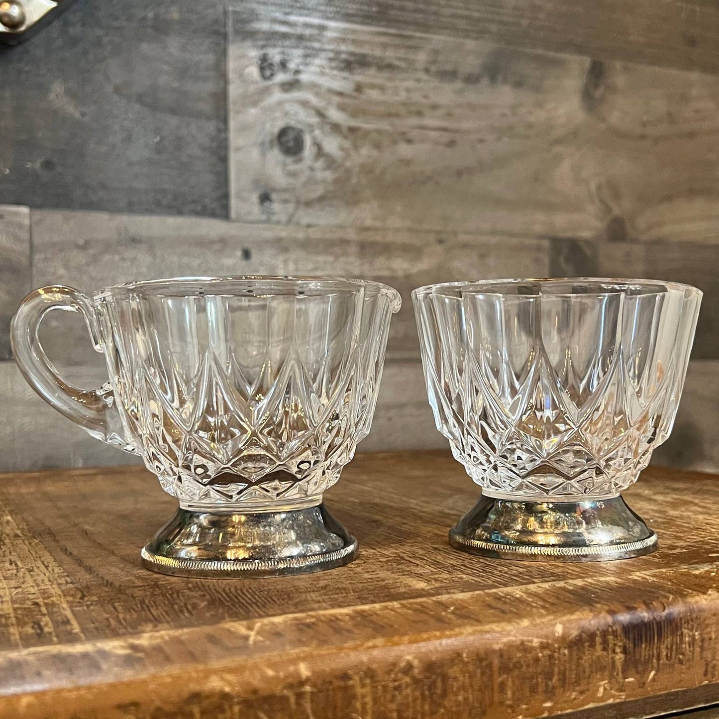 Vintage Val Saint Lambert crystal sugar and creamer with silver plated base
