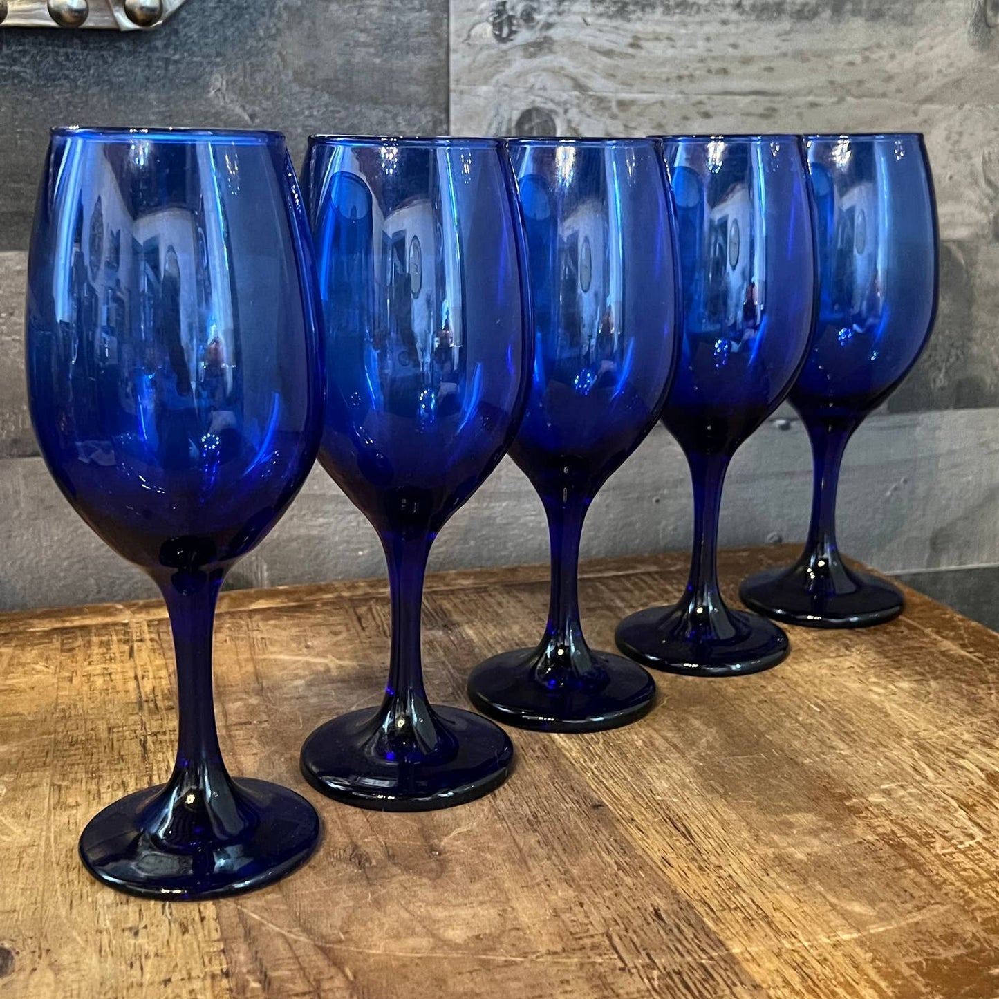 Set of 5 cobalt blue glass wine glasses - water goblets