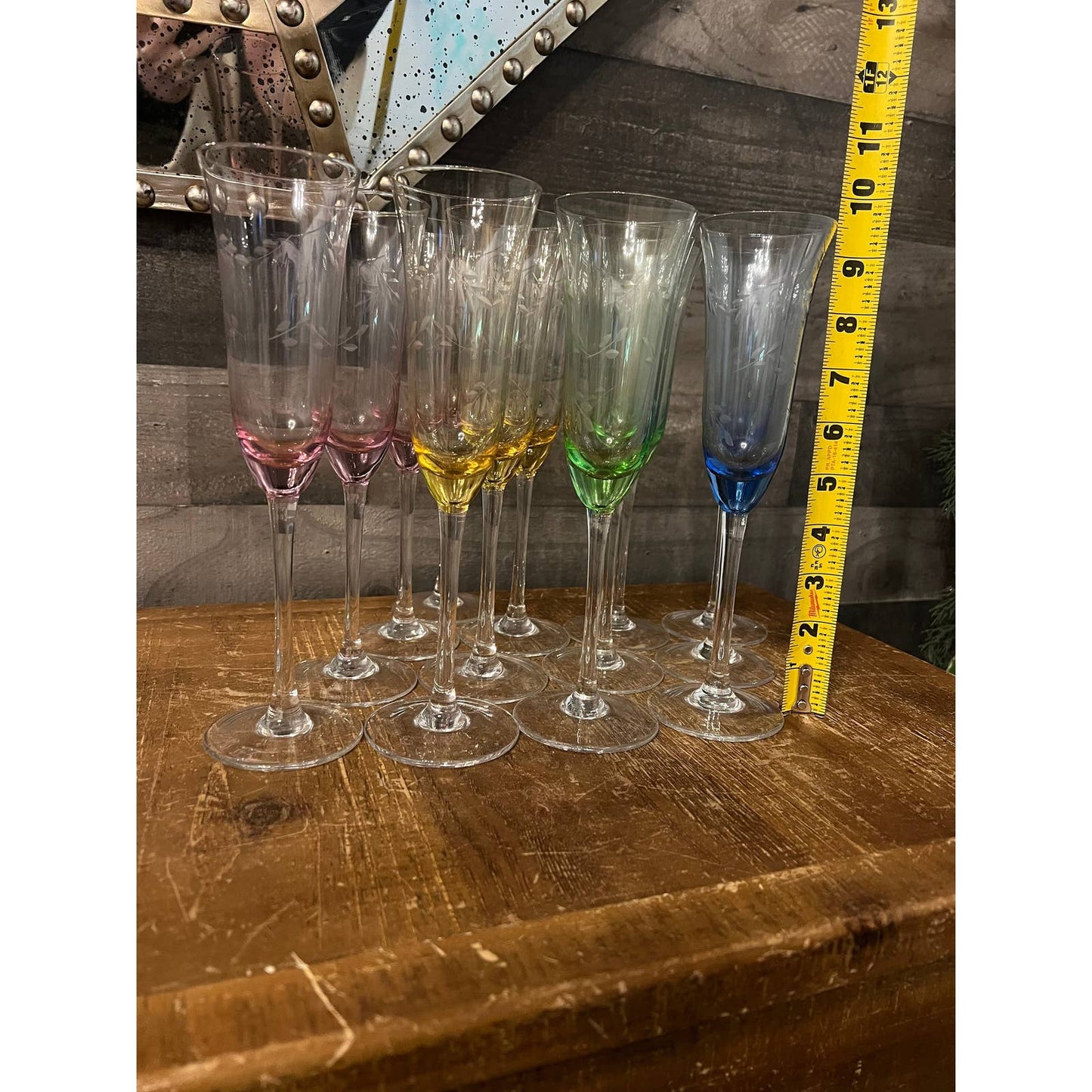 Multi color etched leaf crystal champagne flutes - pink, yellow, green, blue with champagne glasses