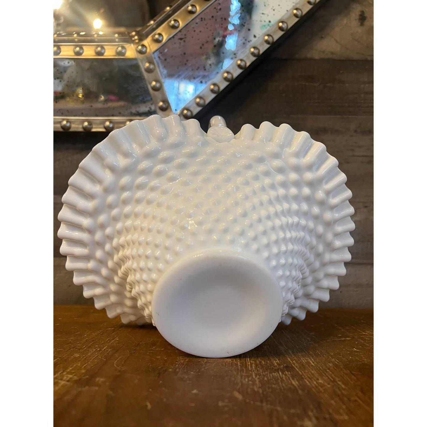 Vintage Fenton hobnail white milk glass handle basket with ruffled ribbon edge
