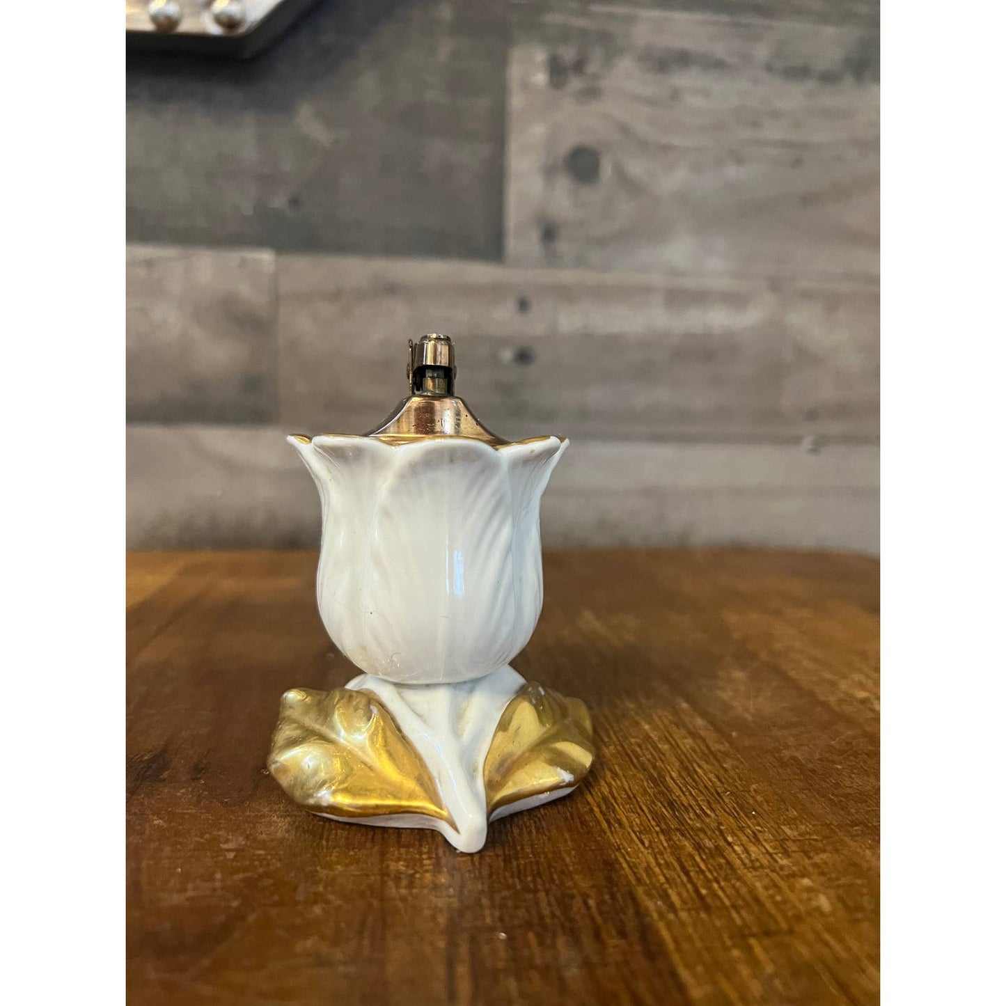 Rosenfeld Imports NY porcelain white and gold rose brass / copper table lighter