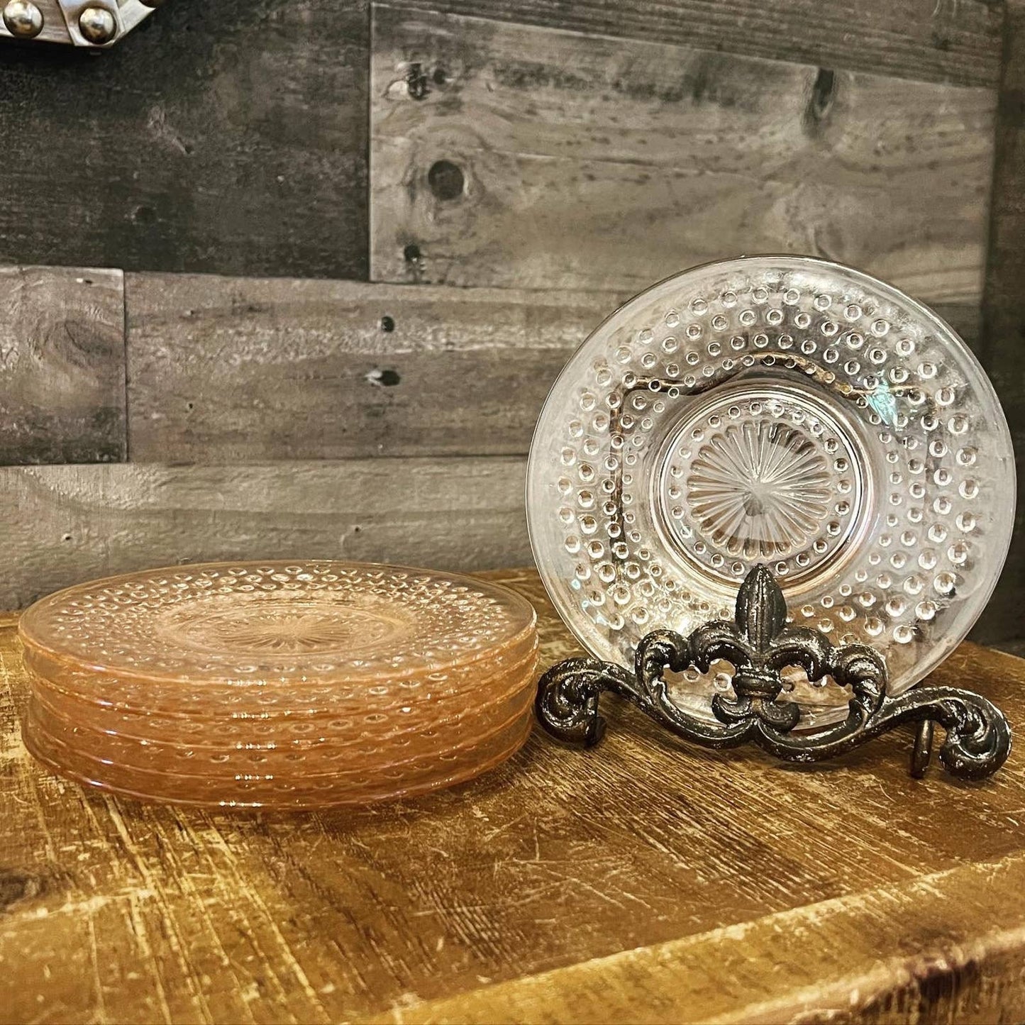 Vintage set of 6 anchor hocking pink depression glass hobnail small plates