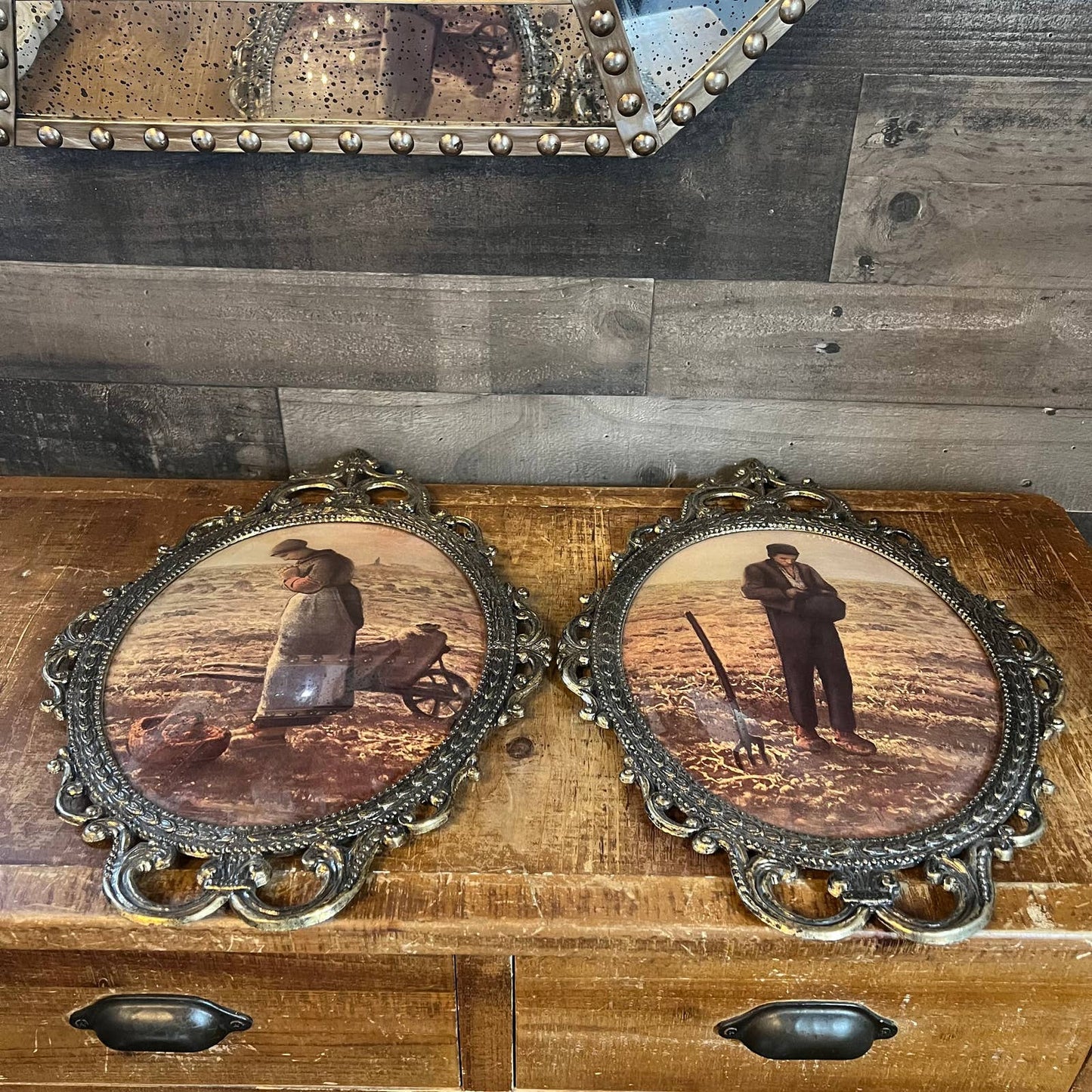 The Angelus by Jean Francois pictures - farmers pictures pair in oval Victorian frame