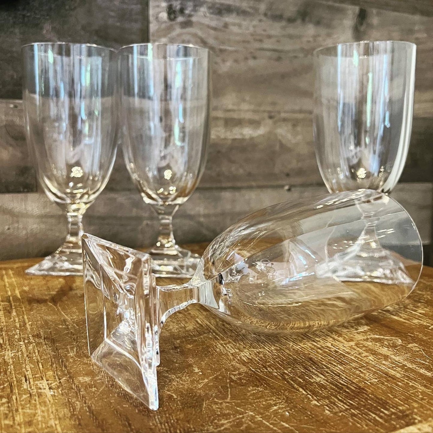Elegant set of 4 square pedestal base clear glass goblets