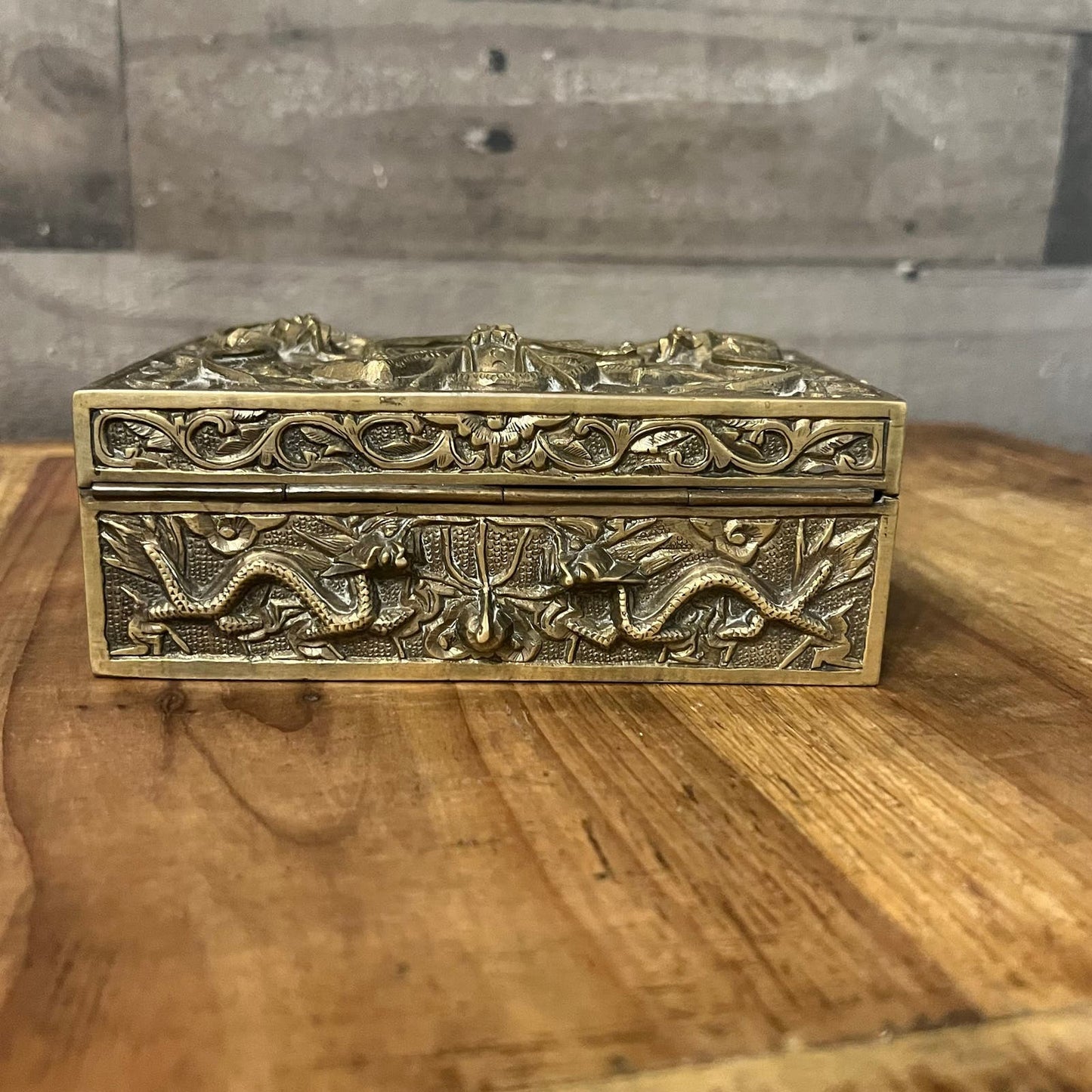 Brass Dragon Motif Rectangular Trinket Box with Wood Interior