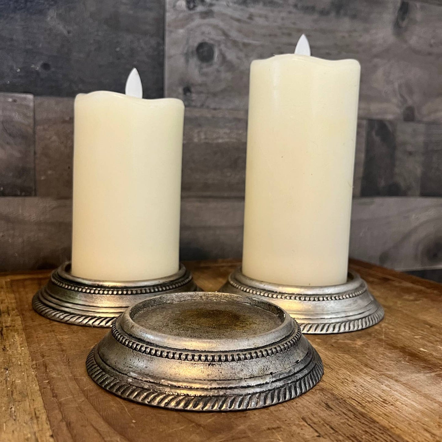 Aged silver tone pillar candle holder risers - set of 3