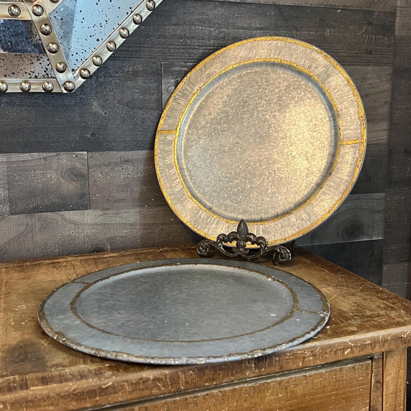 Hearth and Hand Magnolia Galvanized Charger Plate / Tray with Gold Rim Accent - Pair