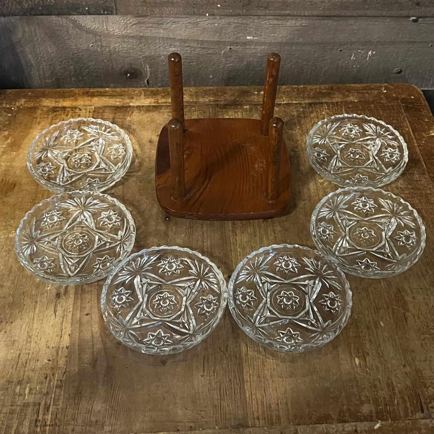 Vintage Set of 6 Crystal Coasters with Wooden Holder