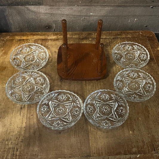 Vintage Set of 6 Crystal Coasters with Wooden Holder