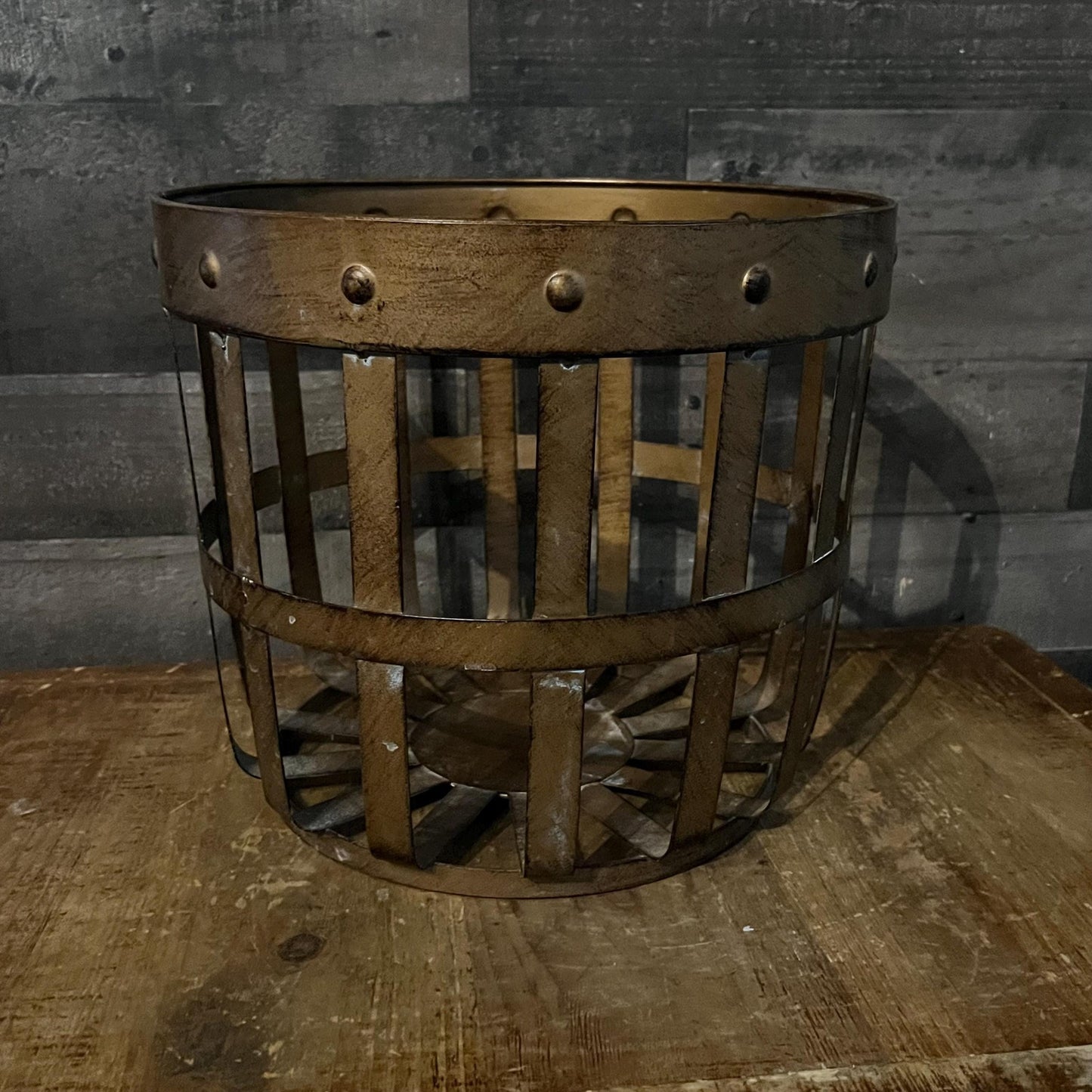 Bronze Tone Metal Farmhouse Basket with Nailhead Accent