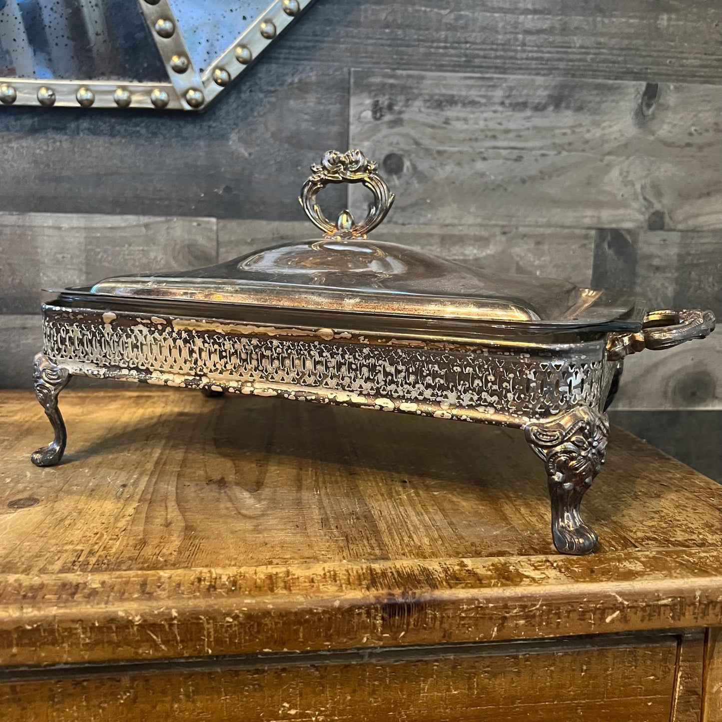 Vintage Silverplated Rectangular Footed Lidded Casserole Dish Holder with Anchor Hocking Clear Glass Casserole Dish