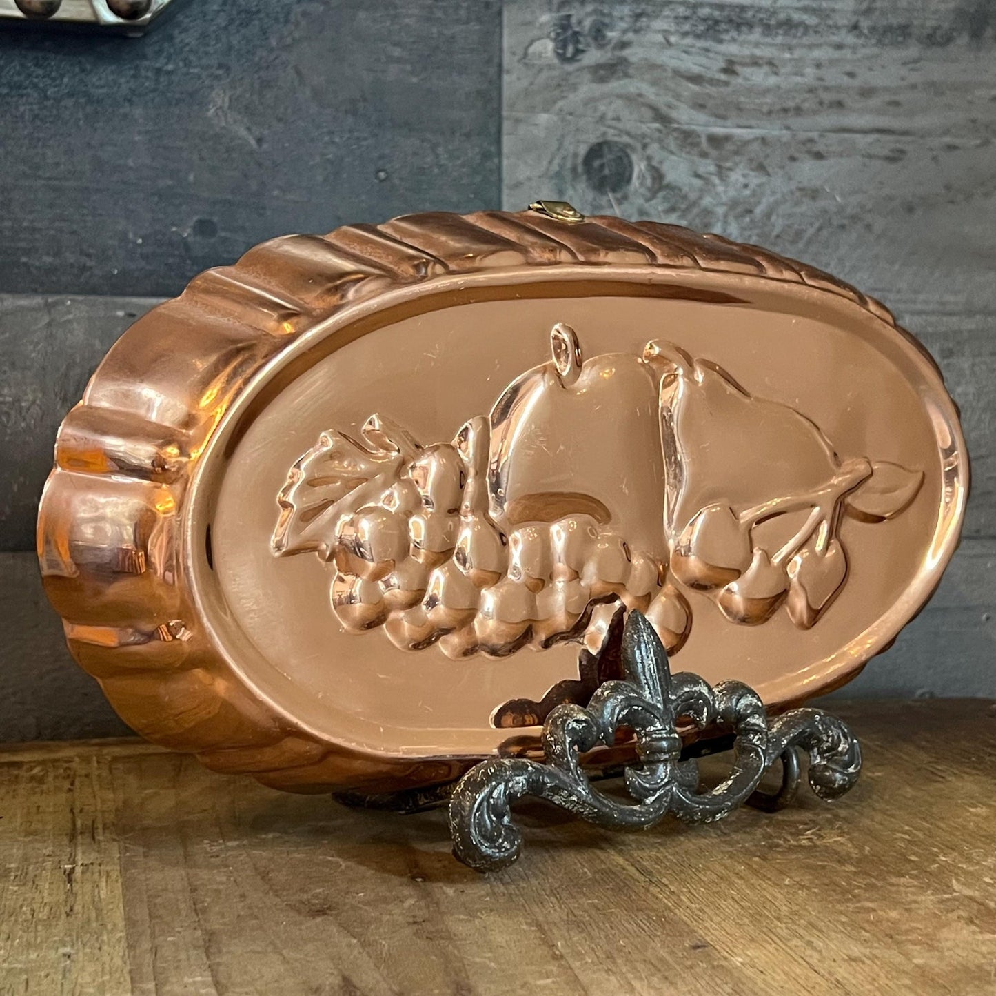 Vintage Copper Oval Scallop Rim Fruit Motif Mold