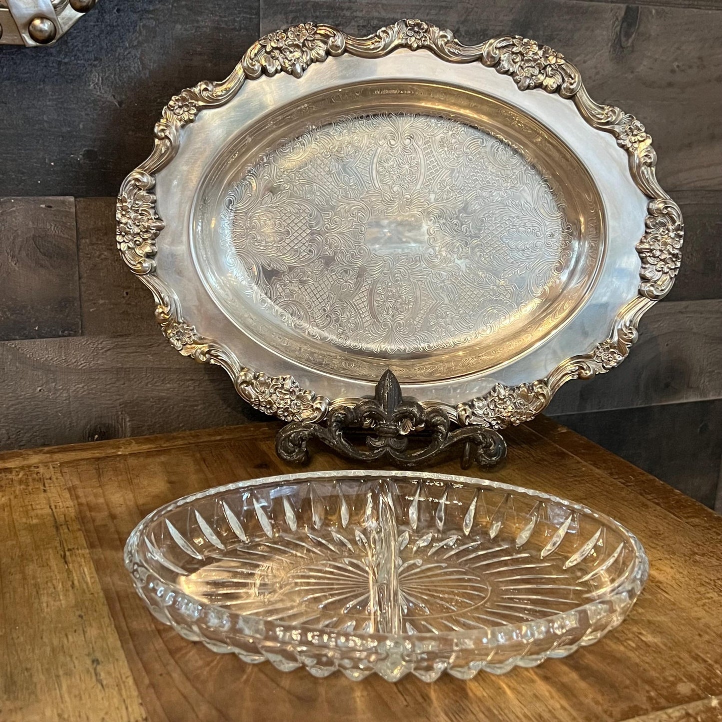 Vintage Poole Lancaster Rose 439 Silverplated Oval Tray with Floral Accent and Crystal Divided Insert