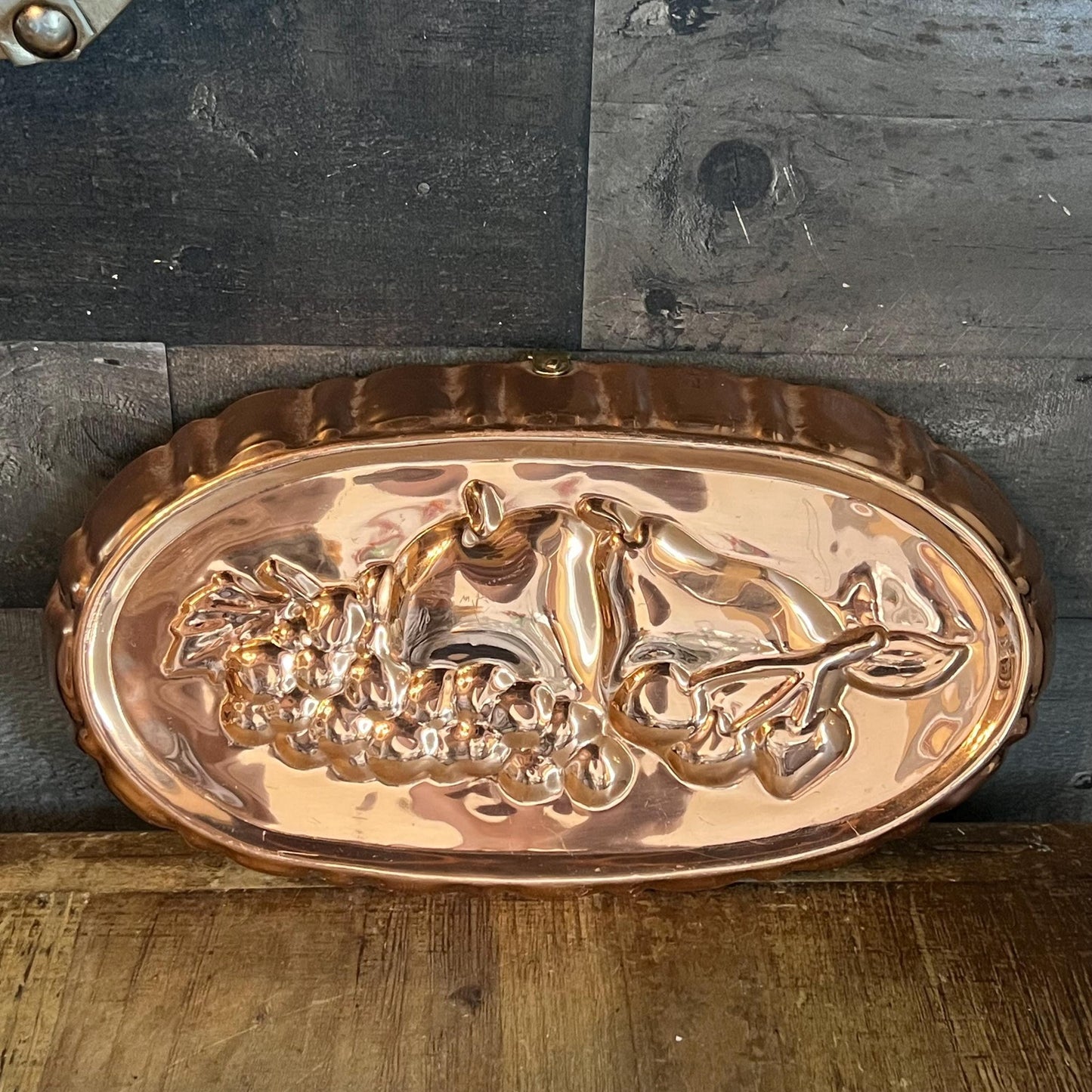Vintage Copper Oval Scallop Rim Fruit Motif Mold