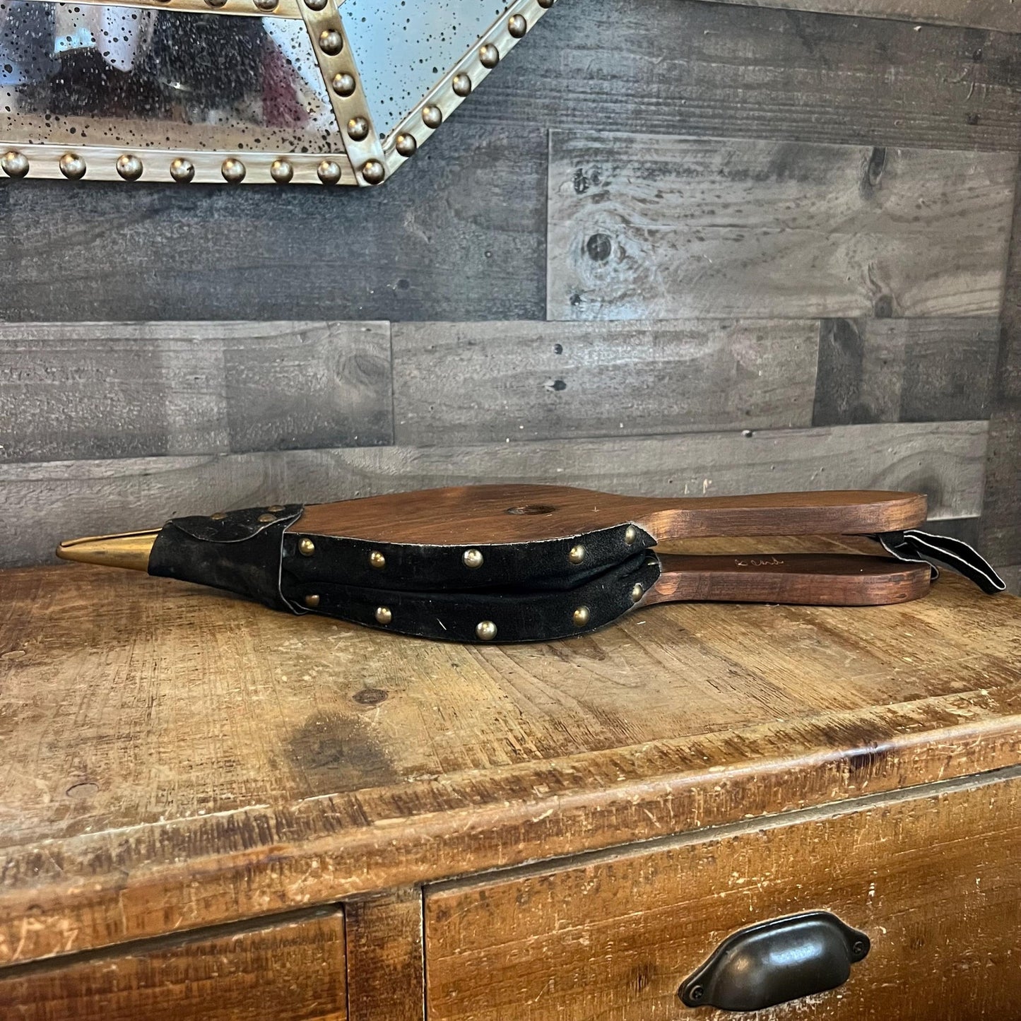Vintage Johnny Beard Company Bellows - Pennsylvania Pine Bellows - Black Suede Trim Bellows with Brass Nailhead
