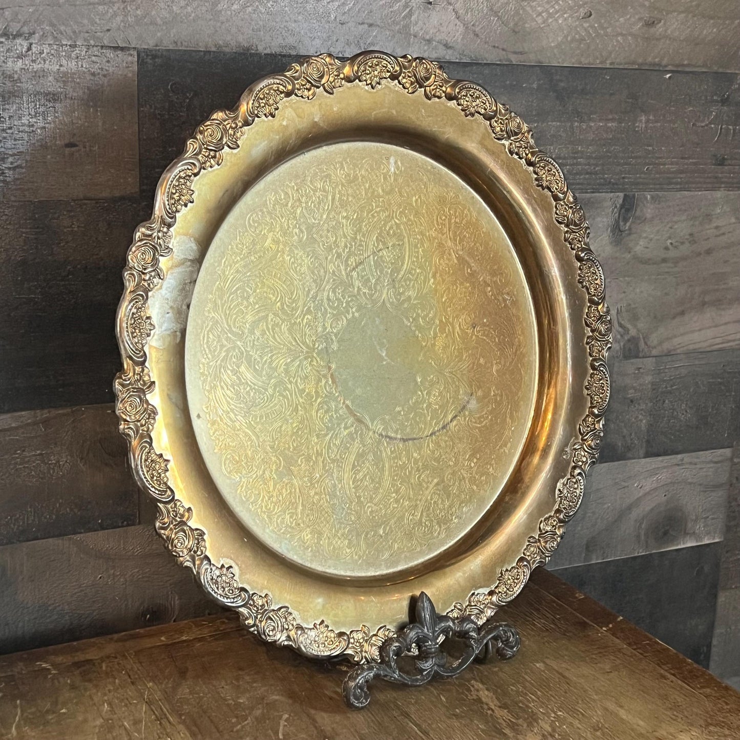 Vintage Oneida Silverplated Round Serving Tray with Rose Embossed Edge Design
