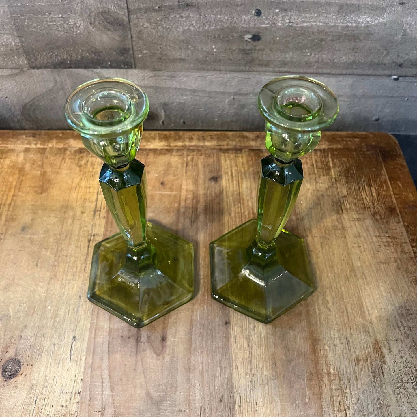 Fenton Northwood Green Glass Candlestick Holders - Pair