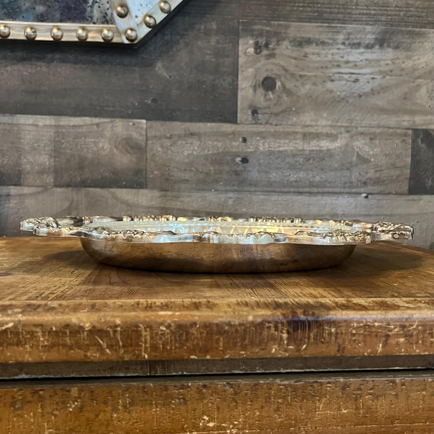 Vintage Poole Lancaster Rose 439 Silverplated Oval Tray with Floral Accent and Crystal Divided Insert