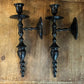 Vintage Black Painted Brass Candlestick Holder Wall Sconces - Pair