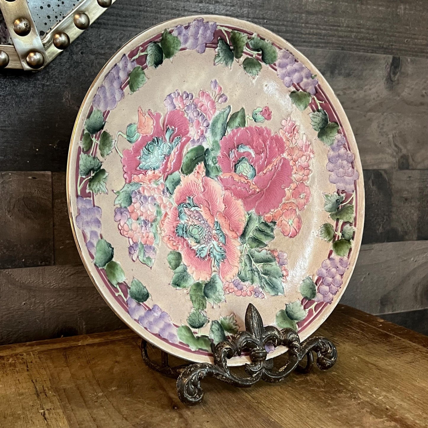 Vintage Hand Painted Porcelain Floral and Grapevine Round Plate