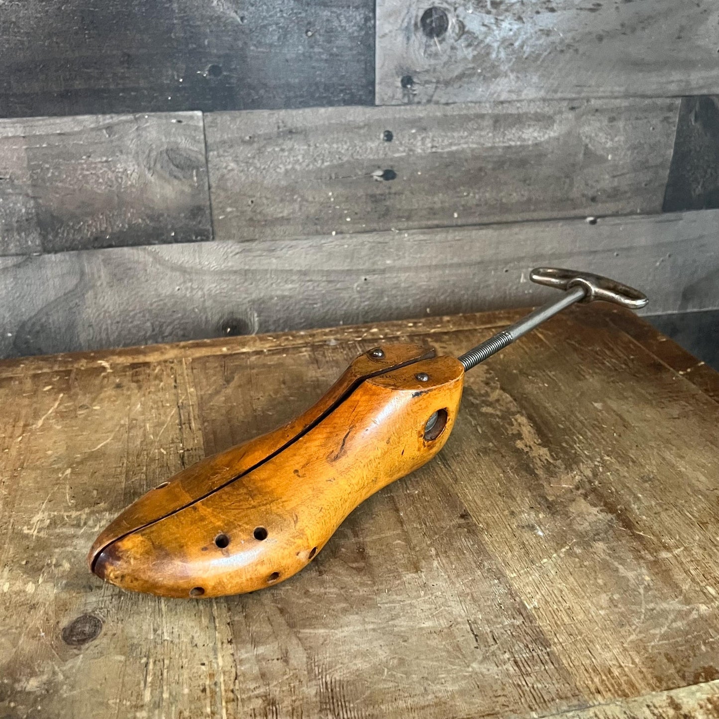 George E. Belcher Antique Wood and Metal Shoe Cobbler Stretcher Stamped 2