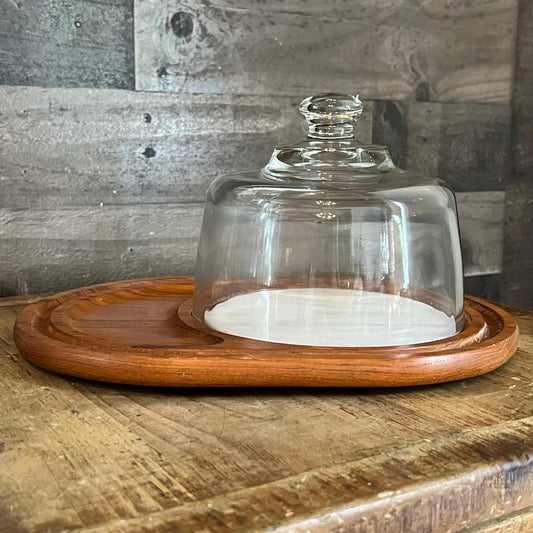 Vintage Wooden Cheese Board with Round Marble and Glass Dome - Dolphin Teakwood