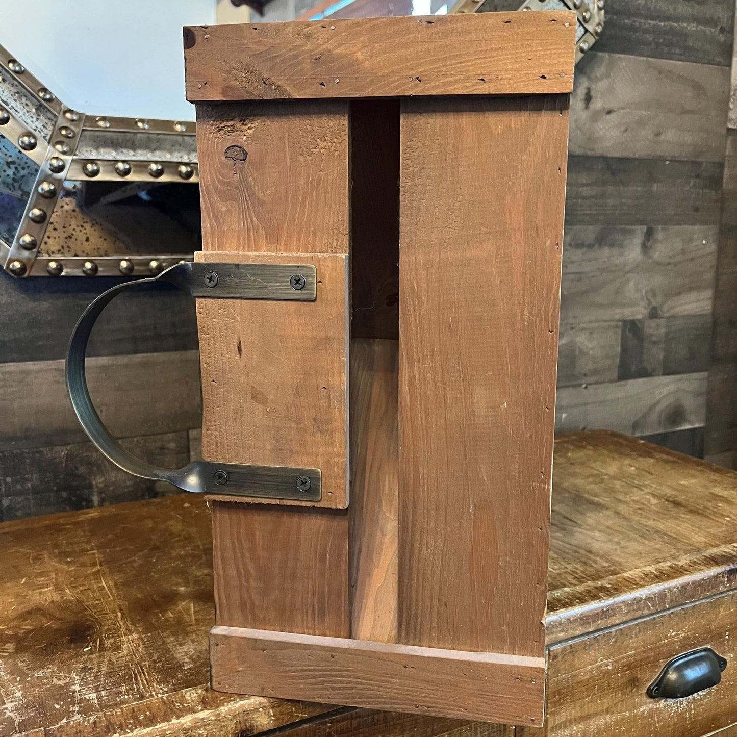 Pottery Barn Founders Wine Box - Rustic Pine Wine Holder with Metal Handles