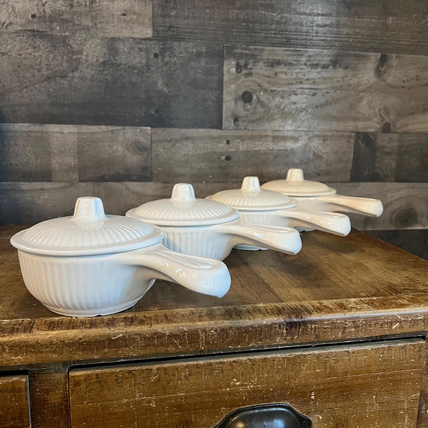 Vintage Creamy White California Pottery Stoneware Handled Lidded Soup Bowls - Set of 4