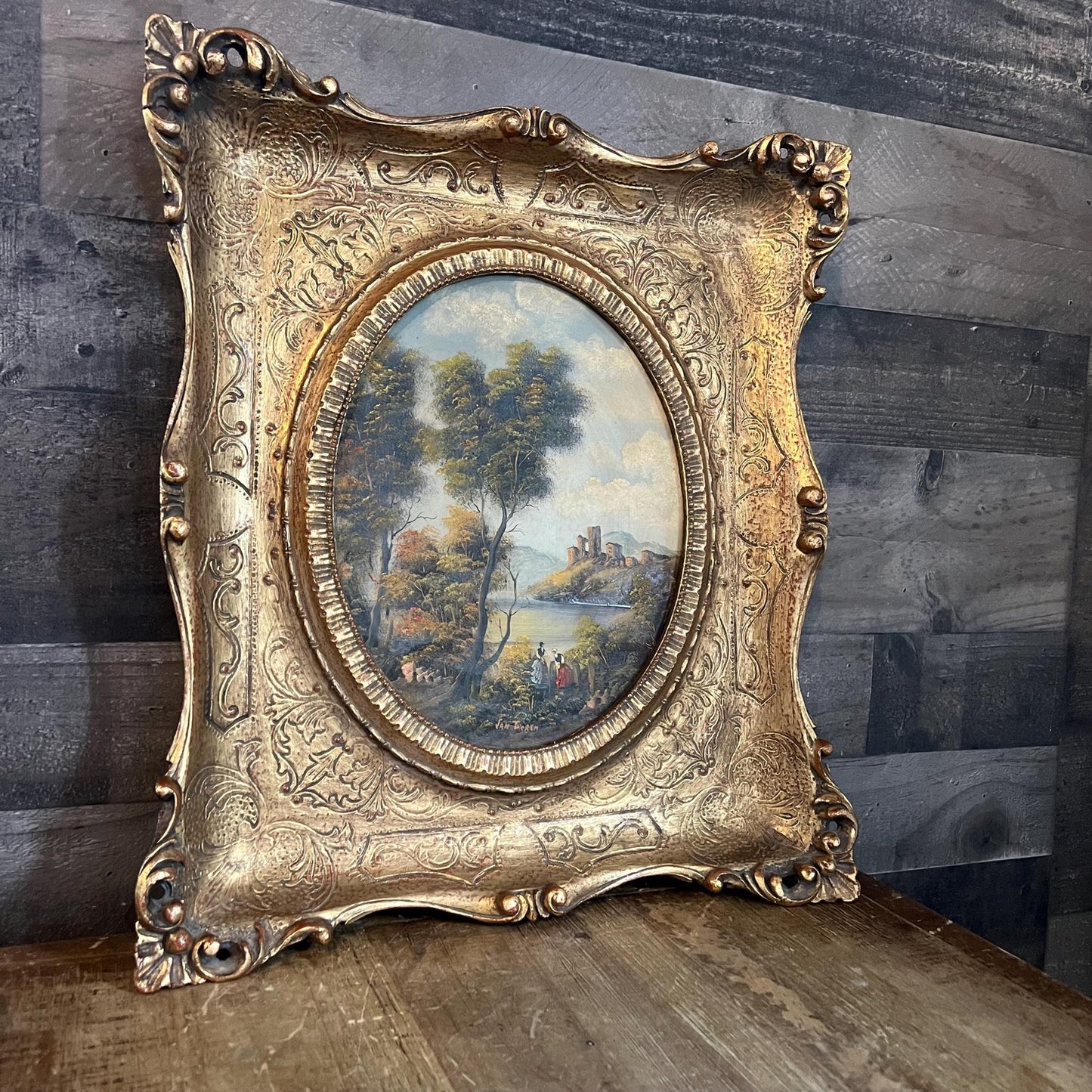 Otto Van Thoren Oil Painting in Gold Gilt Frame with Oval Opening