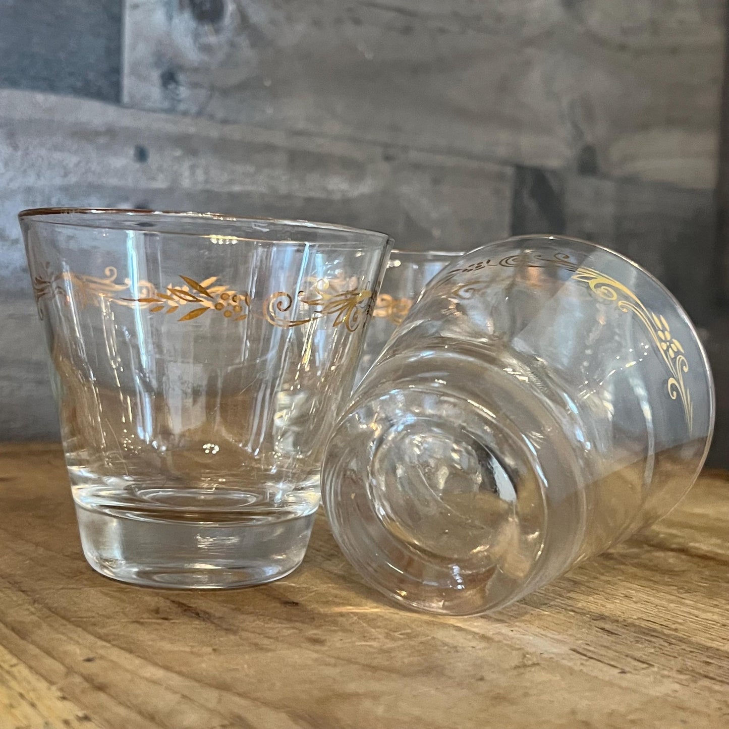 Vintage MCM Homer Laughlin Gold Tone Leaf Design Low Ball Rocks Glasses - Set of 4