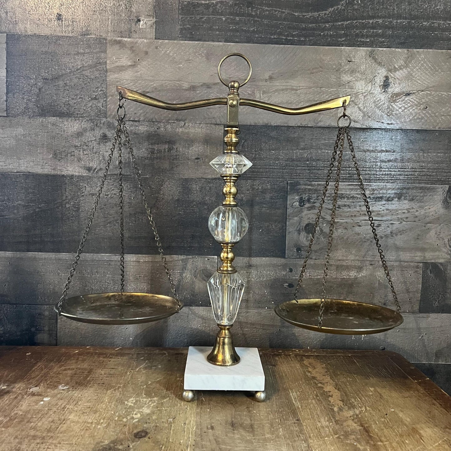 Vintage Brass and Crystal / Lucite Scale of Justice Balance with Marble Base