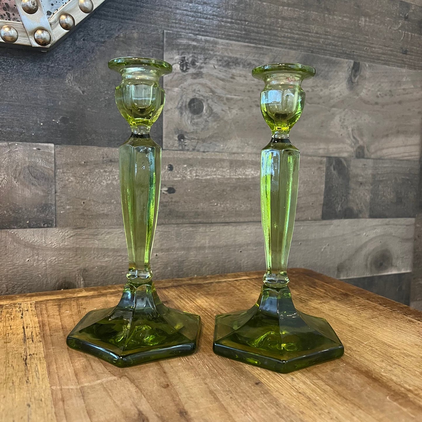 Fenton Northwood Green Glass Candlestick Holders - Pair