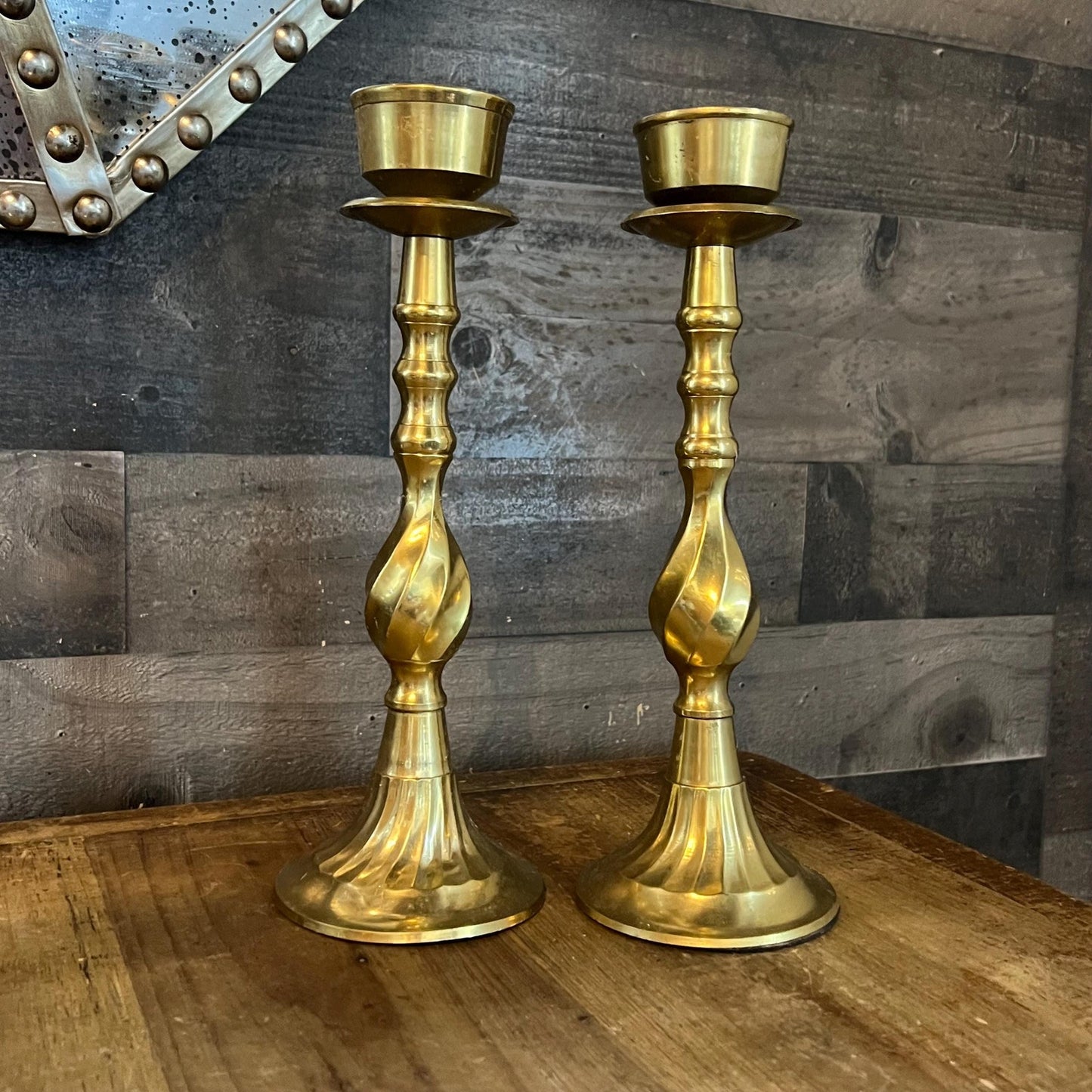 Vintage Brass Swirl Tall Candlestick Holders - Pair