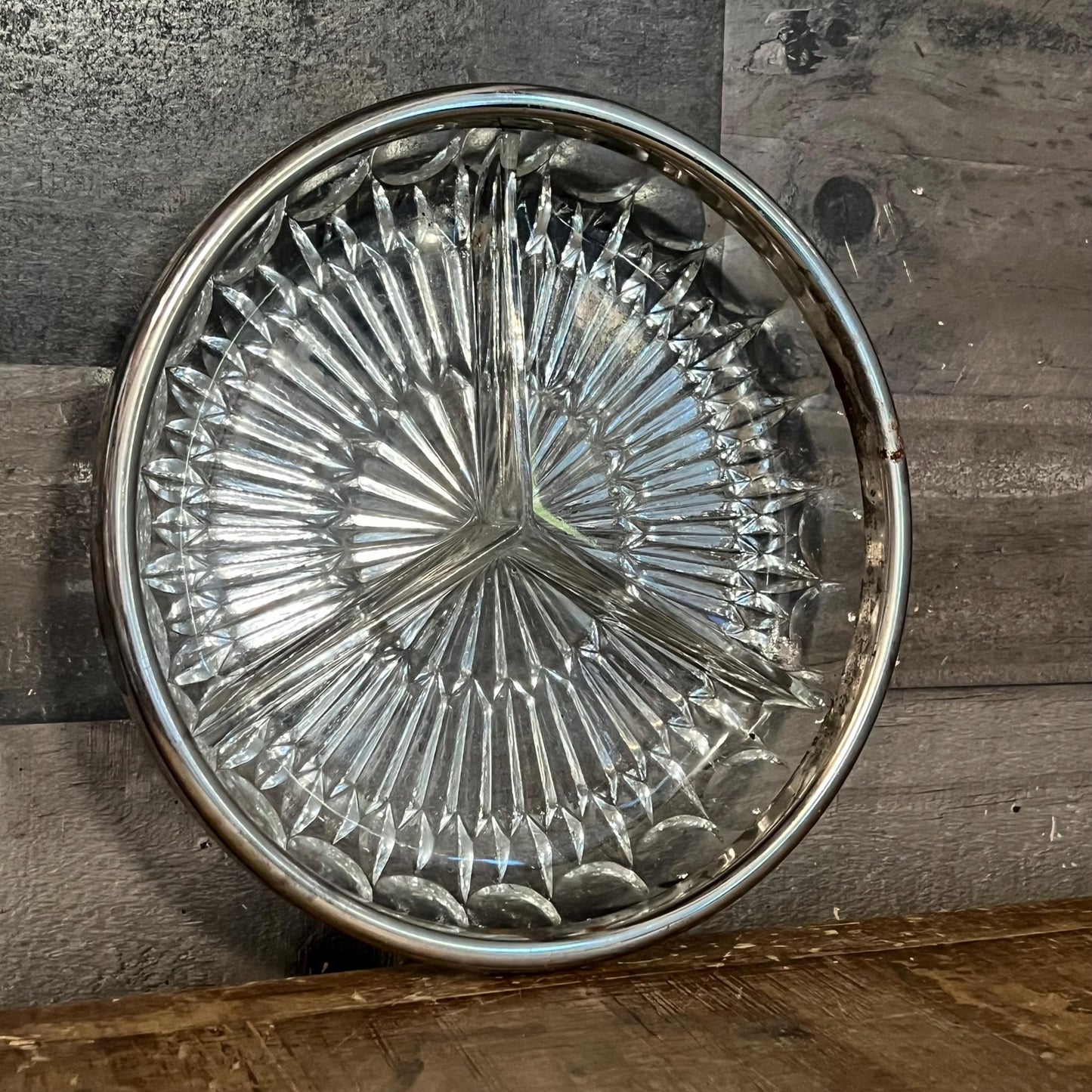 Vintage Crystal 3 Compartment Bowl with Silverplated Rim - Jewelry Dish - Candy Dish - Nut Dish - Berry Server - Key Bowl - Purse Bowl
