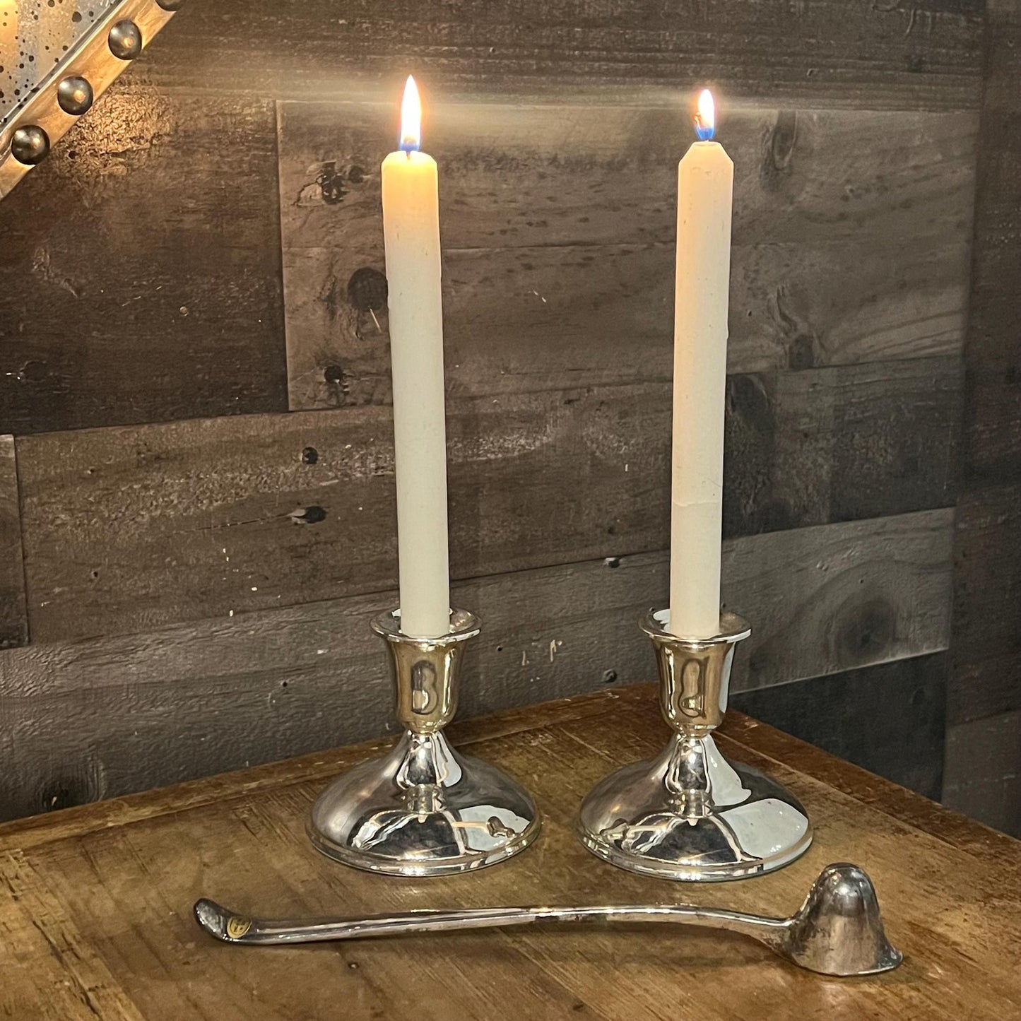 Vintage Pair of Silverplated Candlestick Holders and Long Handled Candle Snuffer