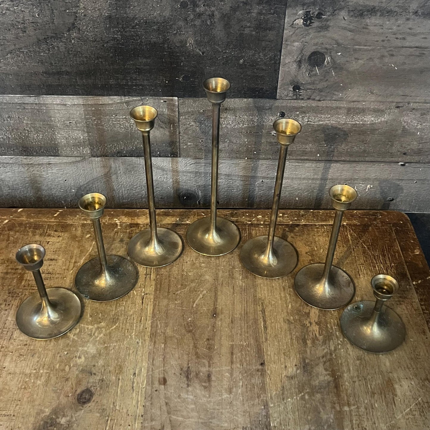 Vintage Set of 7 Brass Graduating Tiered Candlestick Holders