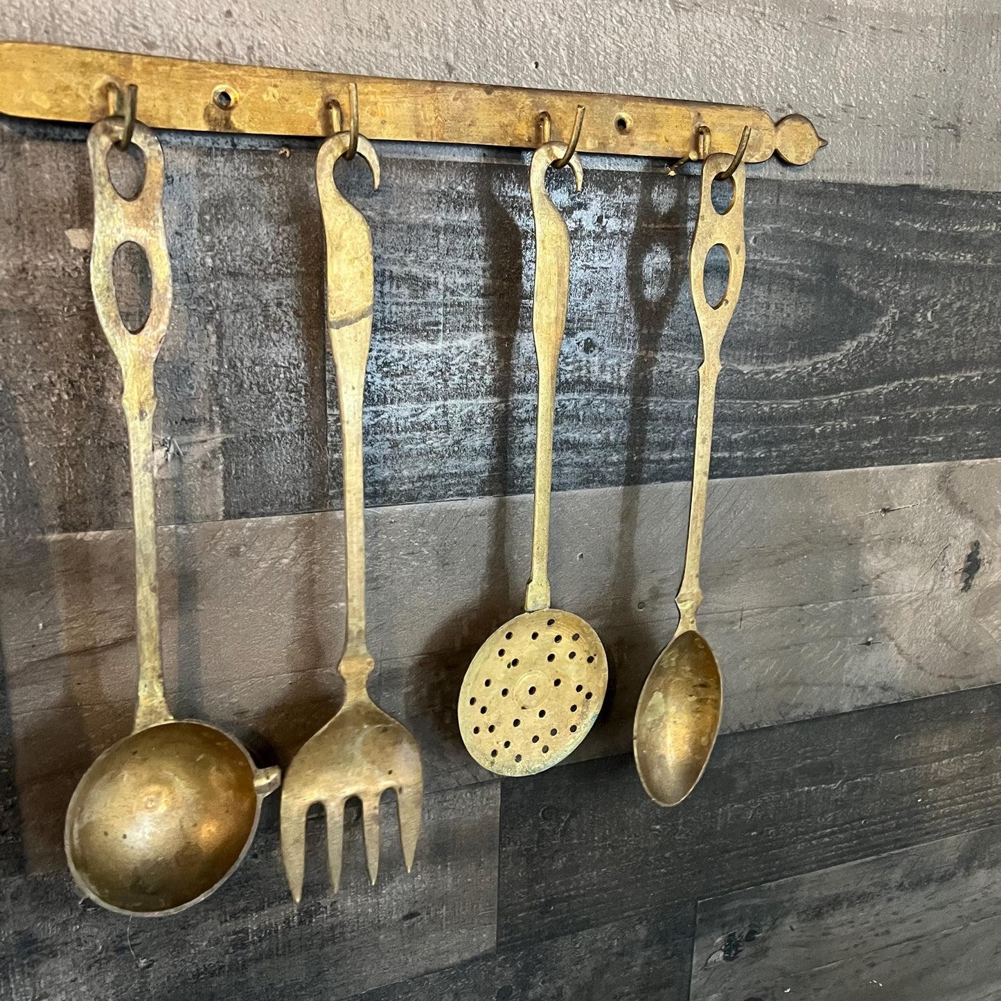 Solid Brass Serving Utensil Set with Wall Mounted Holder
