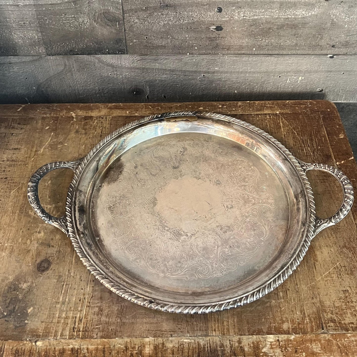 Vintage Rogers & Bro Made By The International Silver Co Round Silverplated Handled Serving Tray
