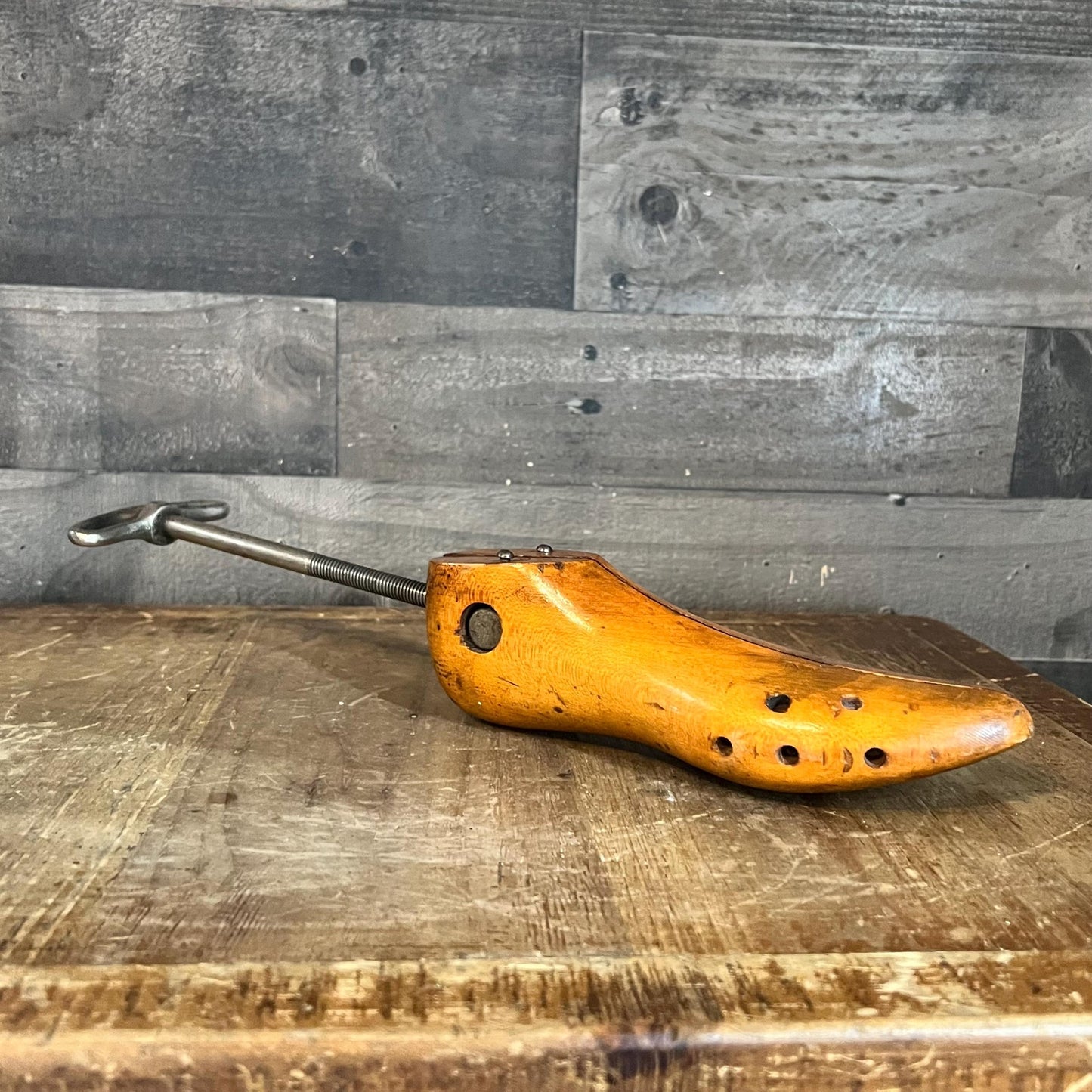 George E. Belcher Antique Wood and Metal Shoe Cobbler Stretcher Stamped 2