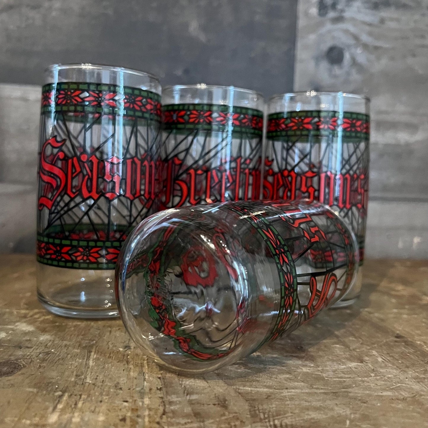 Houze Glass Company Seasons Greetings Tall Juice Glasses - Christmas Holiday Glassware - Set of 4