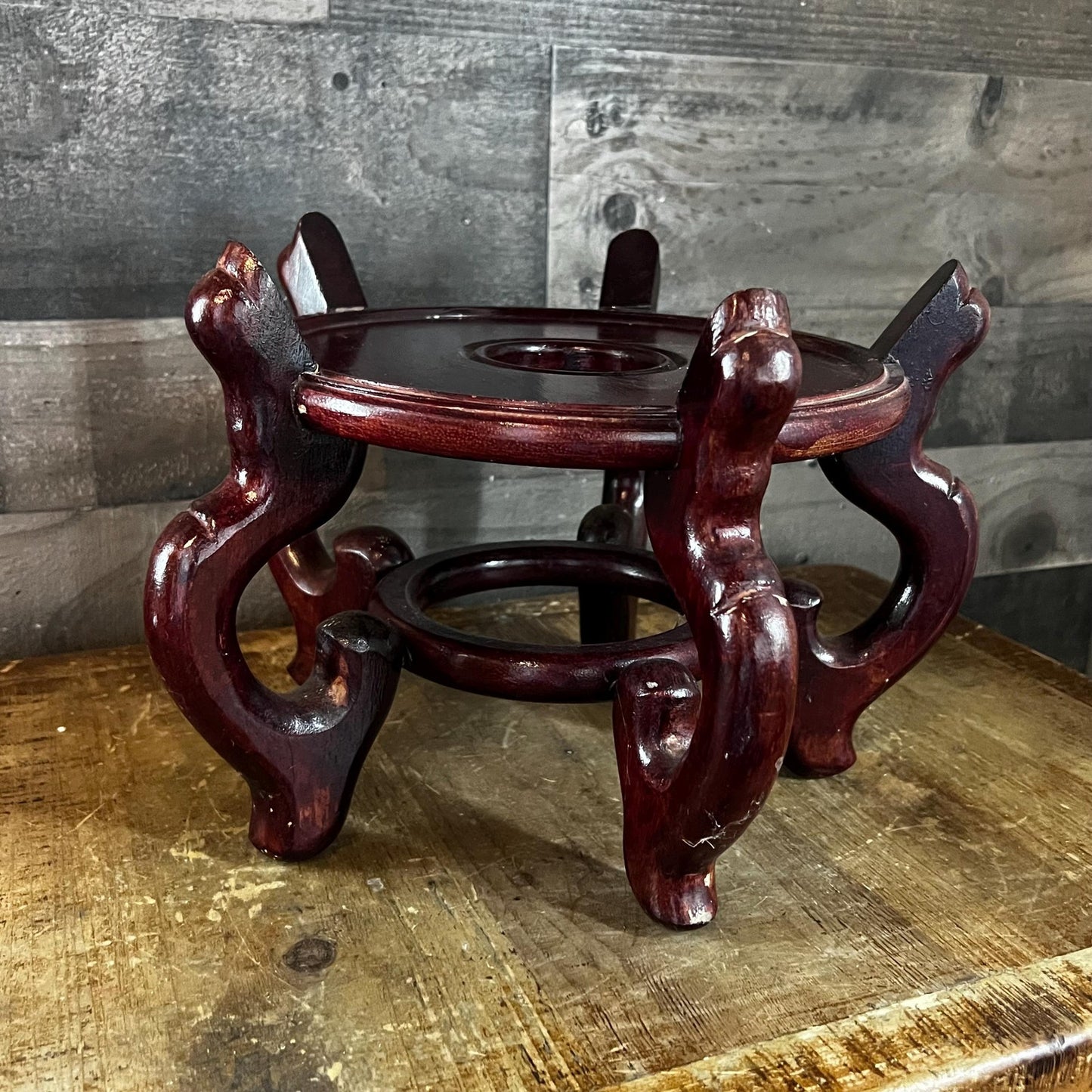 Vintage Wooden Chinese Fishbowl Vase Stand