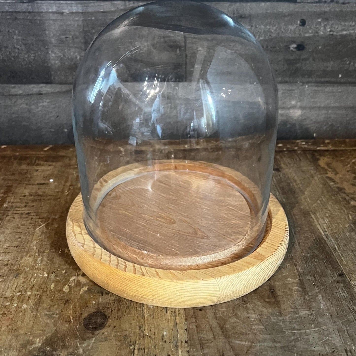 Clear Glass Dome Display on Round Wooden Base