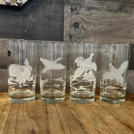 Vintage Set of 4 Etched Bird Hand Crafted Smith Glasses - Juice Glasses - Tall Tumblers