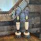 Vintage Pair of Creamy White Lamps with Orange/Pink Stripes and Brass/Metal Accents