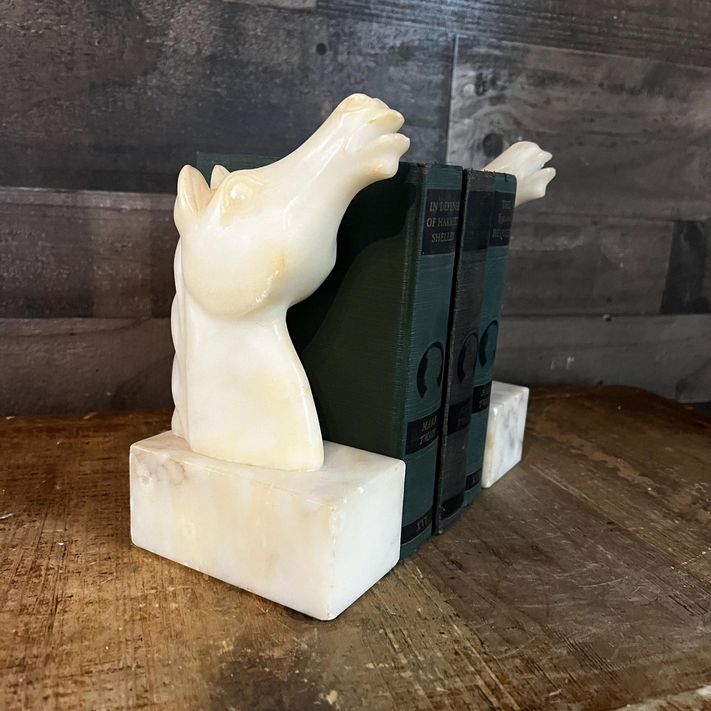 Vintage Heavy Creamy White Marbled Stone Horse Bust Bookends - Pair