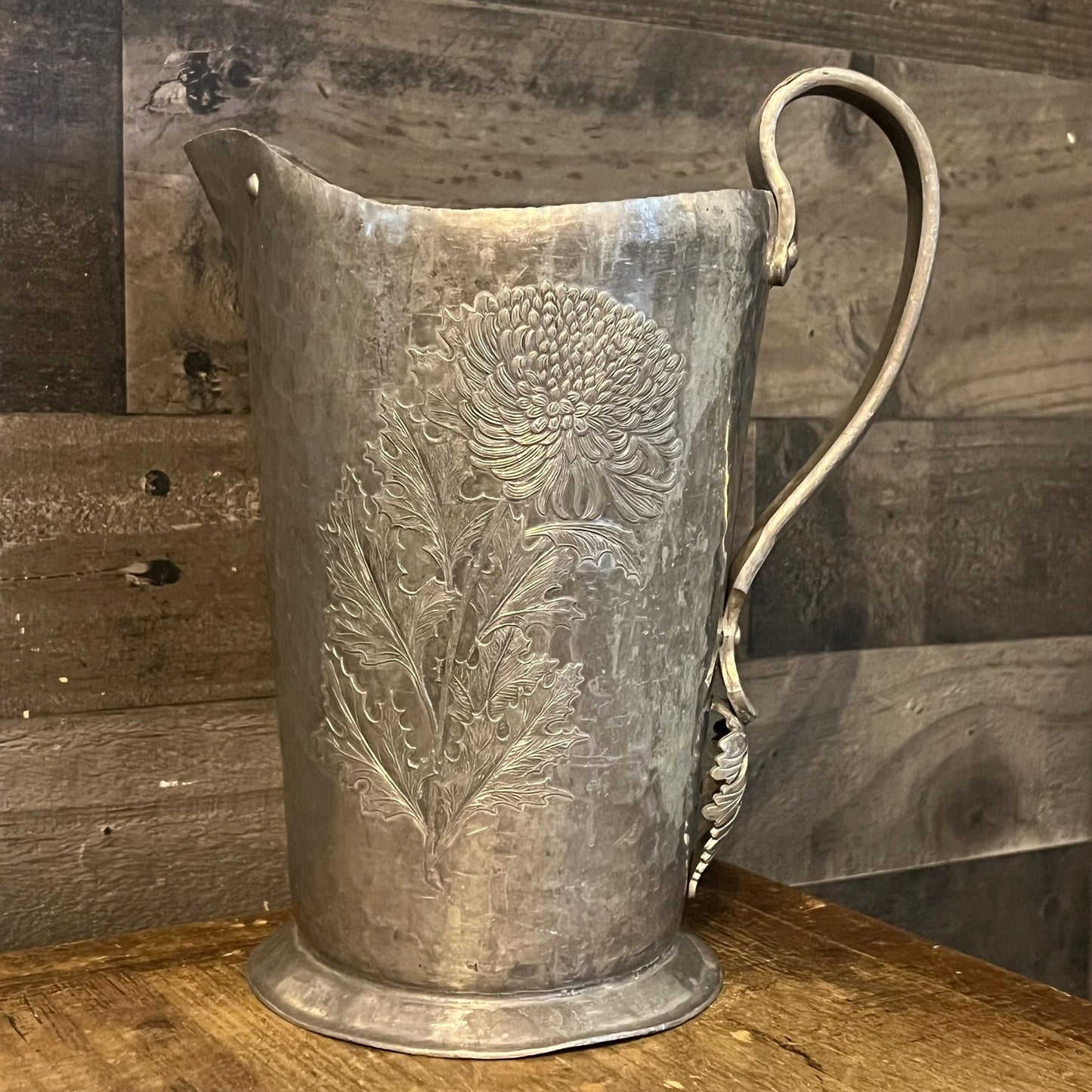 Vintage Trade Continental Mark Hammered Hand Wrought Handled 509 Pitcher with Floral Designs