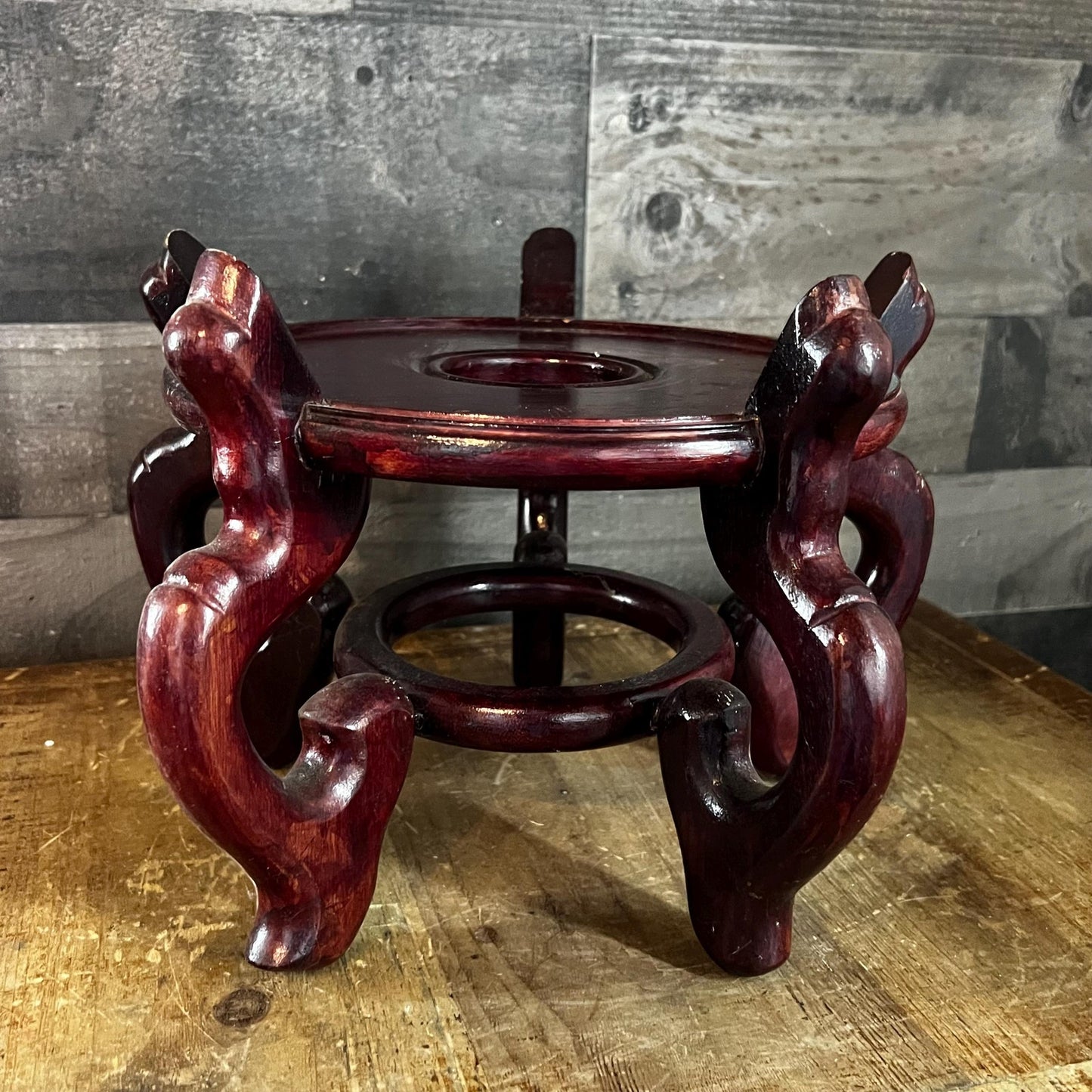 Vintage Wooden Chinese Fishbowl Vase Stand