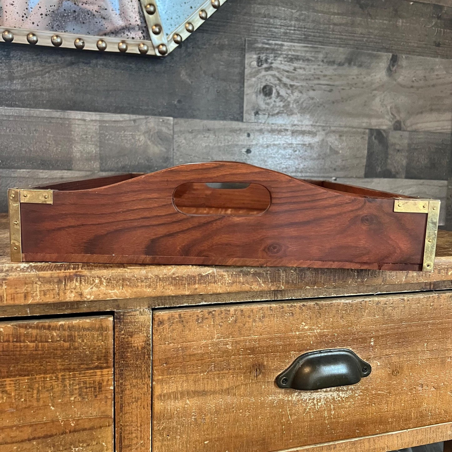 Vintage Wooden Rectangular Handled Copper and Brass Accent Titanic 1912 Coffee Table Tray - Serving Tray - Bar Tray
