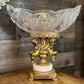 Vintage Thick Cut Crystal Oval Bowl with Gold Tone Brass Cherub Angel Pedestal and Marble Footed Base